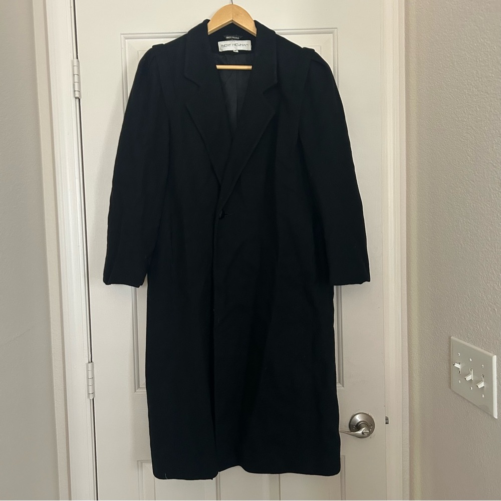 Bert Newman Vintage 80s Women’s Black Wool Mid Length Coat Size 6 Collared